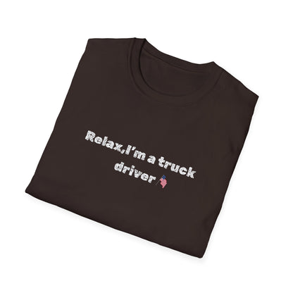Pink heart graphic on Relax, I'm a Truck Driver T-Shirt by Printify, featuring a funny trucker slogan on a casual tee.