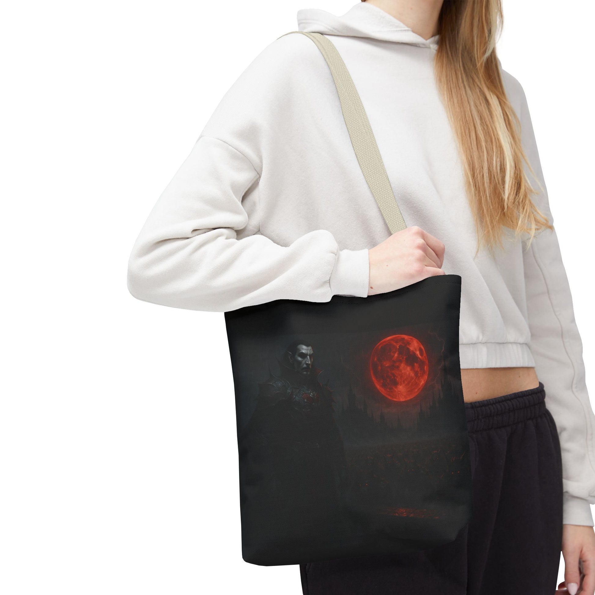 Gothic Dracula tote bag with moonlit vampire art, stylish Halloween gift bag from Printify, featuring dark, spooky vampire design.