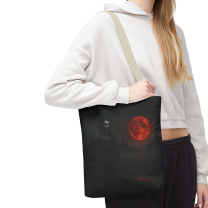 Gothic Dracula tote bag with moonlit vampire art, stylish Halloween gift bag from Printify, featuring dark, spooky vampire design.