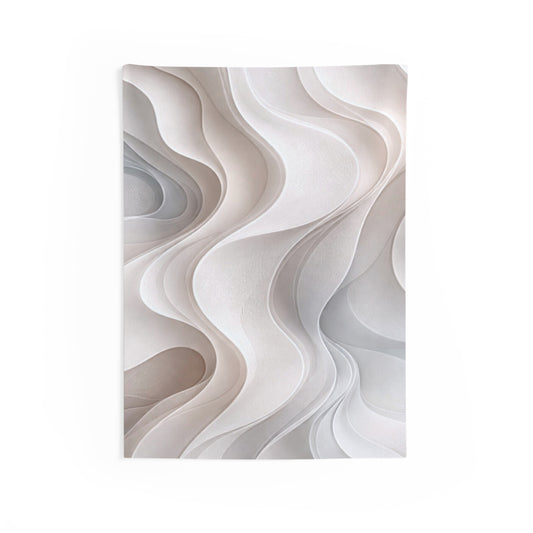 Abstract neutral wave tapestry hanging on a wall, modern minimalist wall art design by Printify.