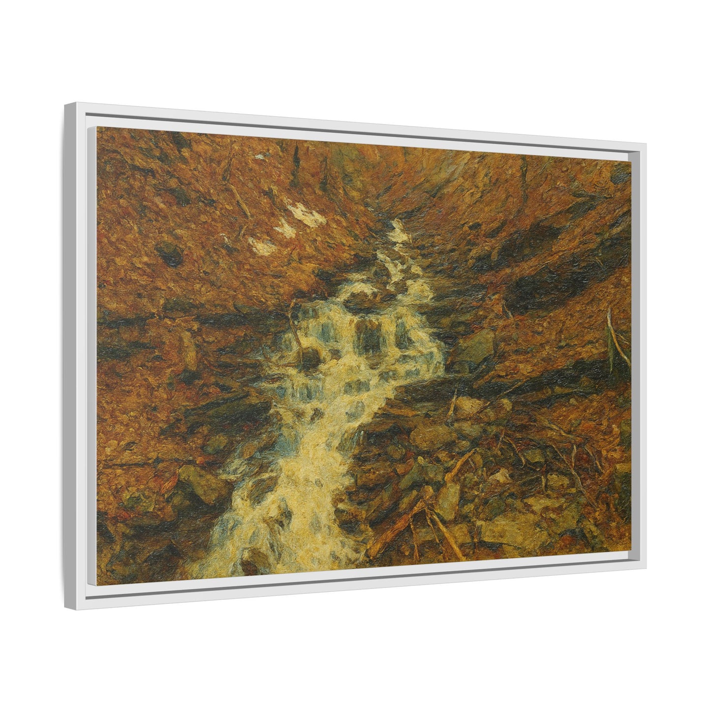 Framed matte canvas print of autumn stream landscape artwork by Printify, showcasing vibrant fall colors and serene nature scene.