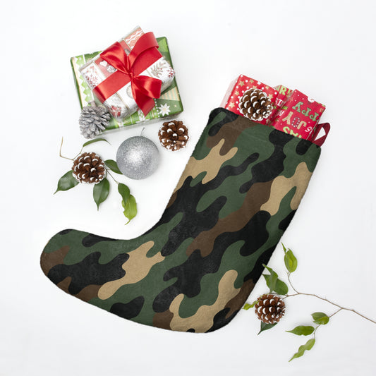 Green camouflage Christmas stocking ornament with holiday design, perfect for festive decor and Christmas tree decoration.