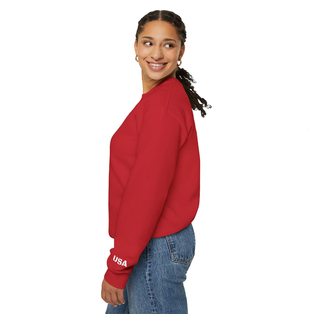 Printify USA crewneck sweatshirt featuring patriotic design, cozy fit, perfect for all seasons, casual and comfortable apparel.