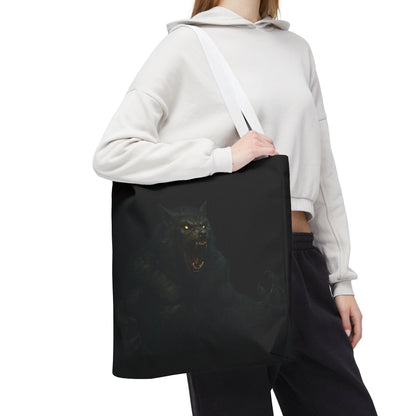 Werewolf tote bag featuring dark Halloween art, perfect for horror fans, made by Printify. Durable fabric with spooky design.