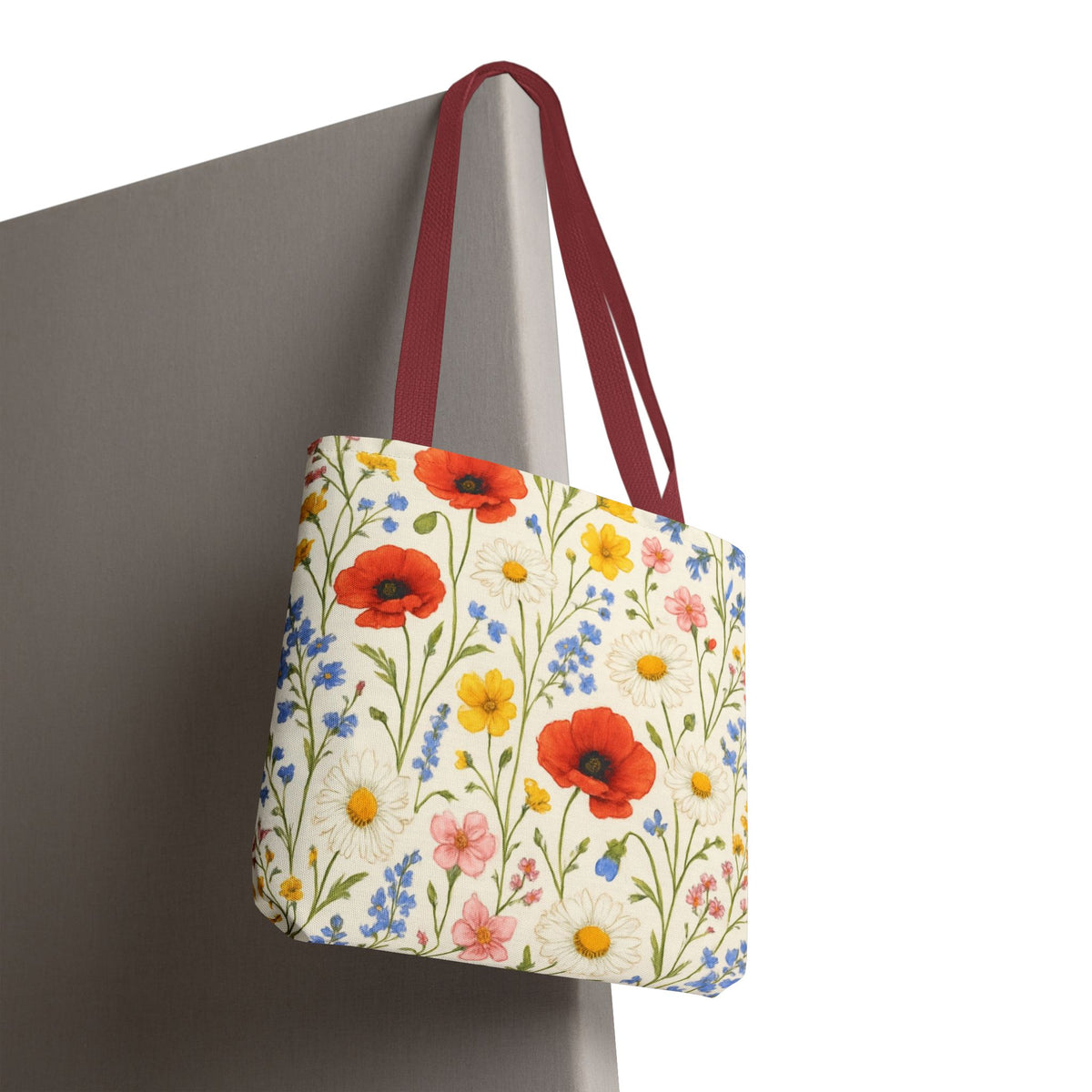 Wildflower poppy print tote bag with floral all-over pattern, crafted by Printify, showing a spacious, stylish bags design.