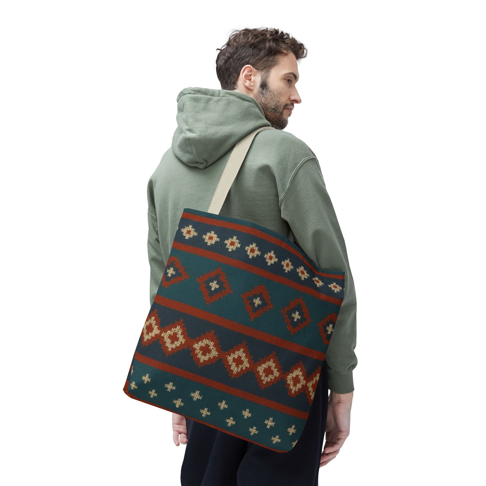 Southwestern diamond pattern tote bag with Aztec tribal geometric print, featuring sturdy handles and vibrant design.