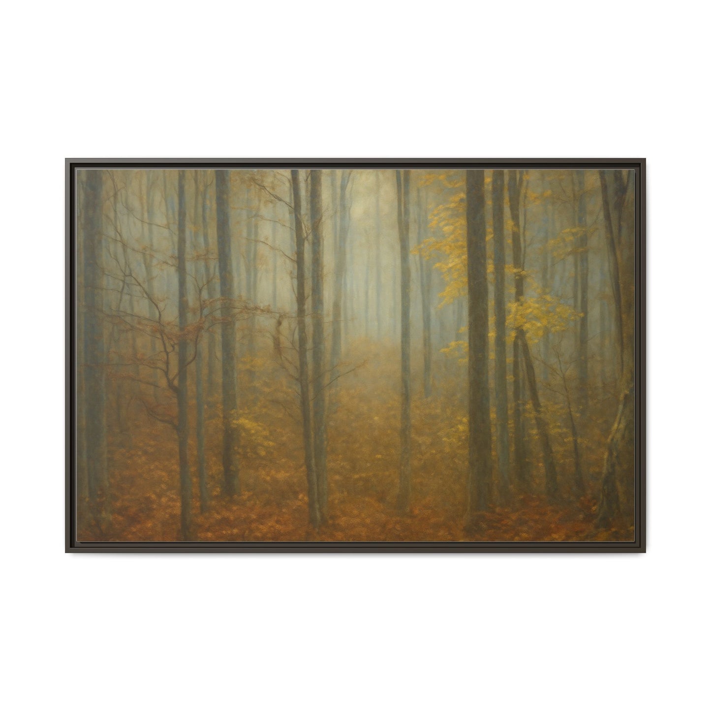 Framed matte canvas wall art of a misty autumn forest, featuring vibrant fall colors and detailed tree silhouettes.