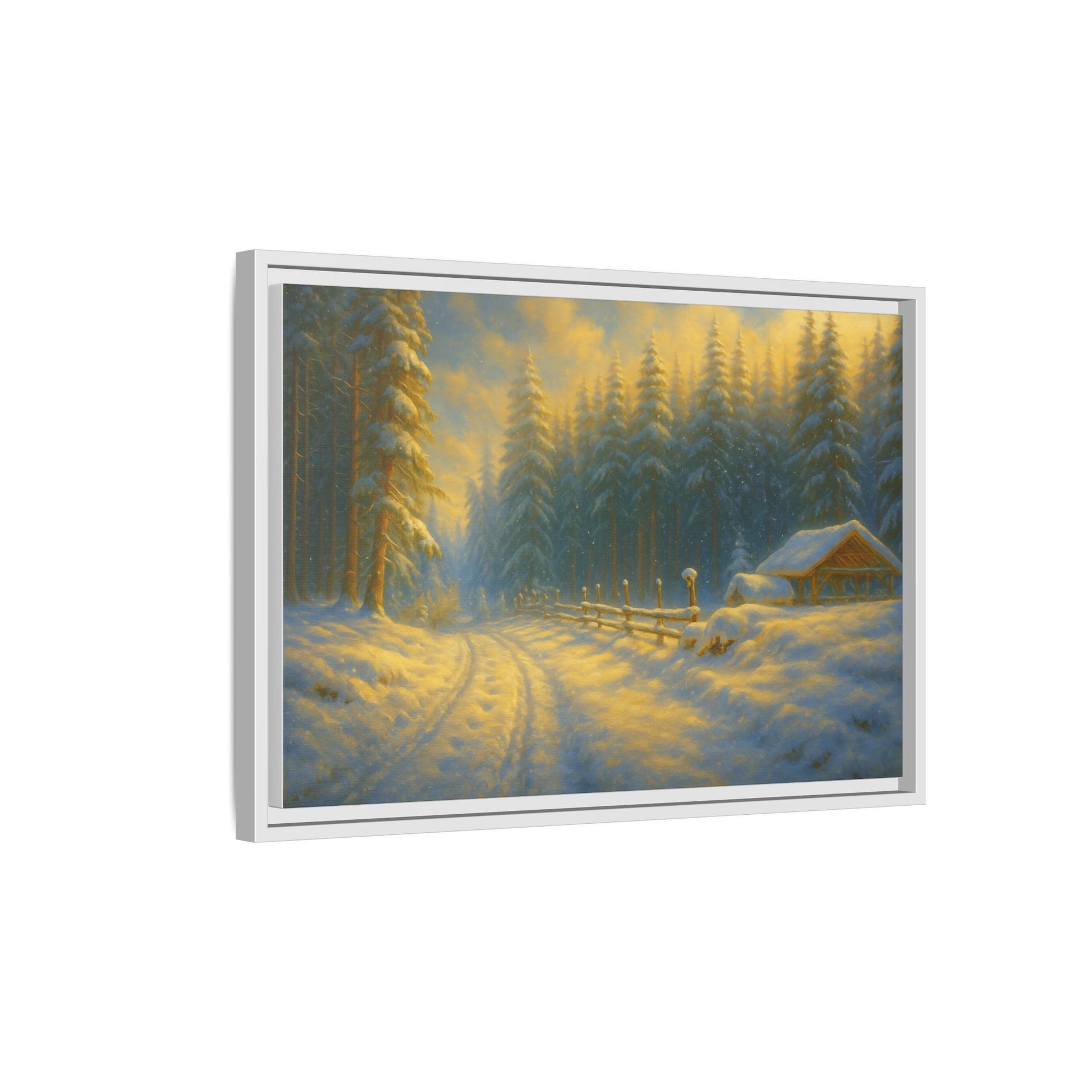 Framed winter cabin canvas print featuring a snowy forest sunset, wall art by Printify with vibrant winter landscape imagery.