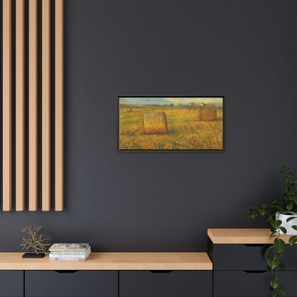 Framed matte canvas wall art featuring a rustic hayfield landscape print by Printify, showcasing natural countryside scenery.