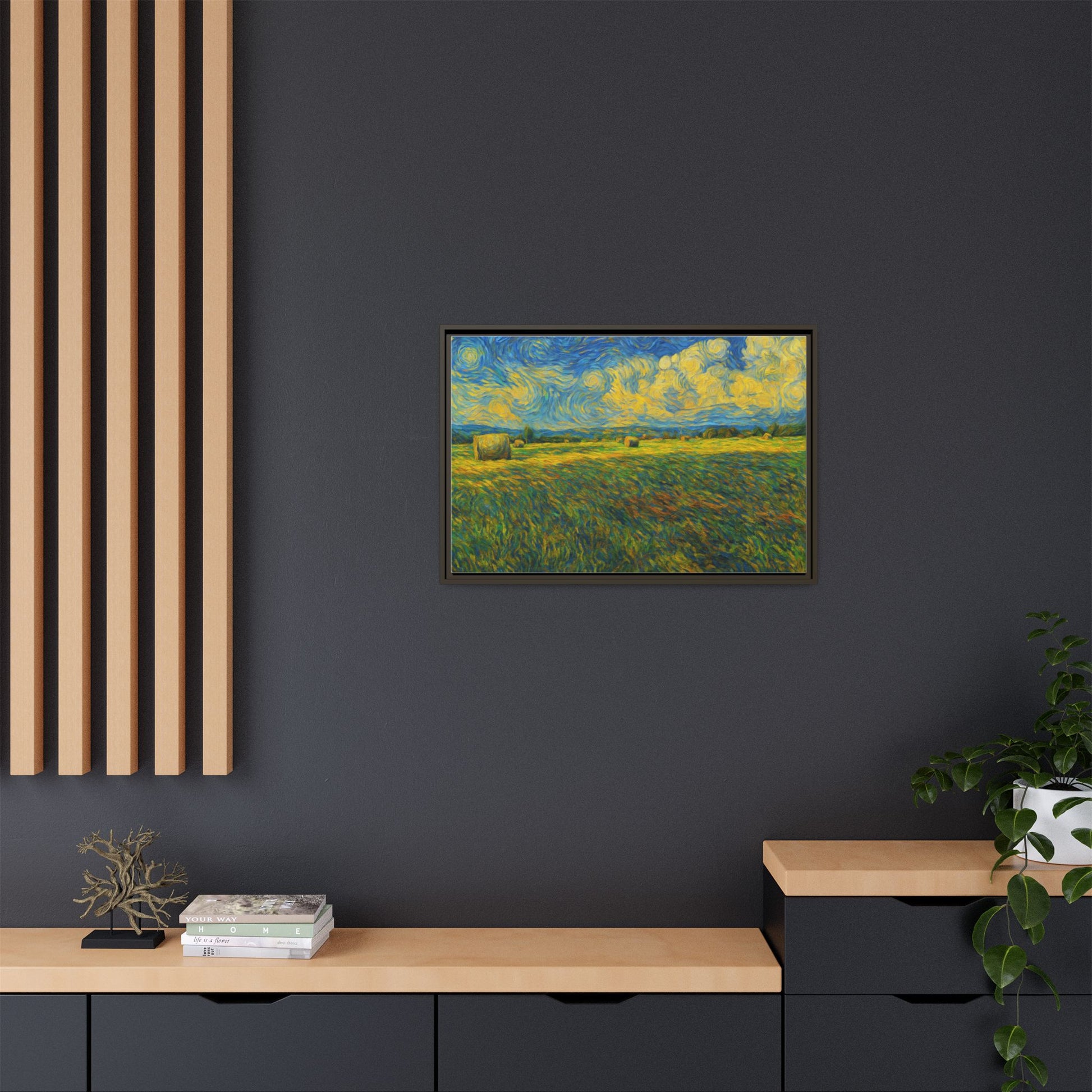 Framed landscape matte canvas print in vibrant multi-color tones, showcasing a scenic nature scene by Printify.