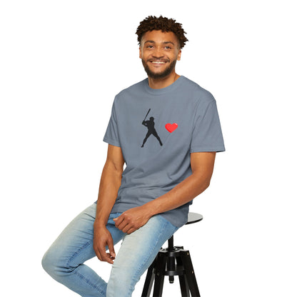White baseball batter heart T-shirt from Printify featuring a graphic of a batter with a heart design on the front.