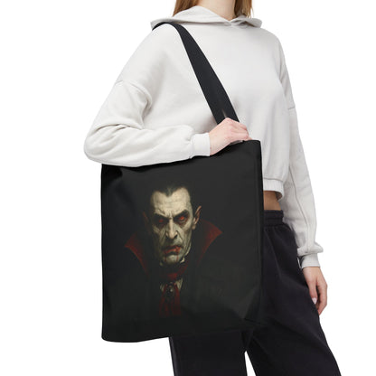 Black vampire themed tote bag with spooky gothic design, perfect for Halloween, by Printify.