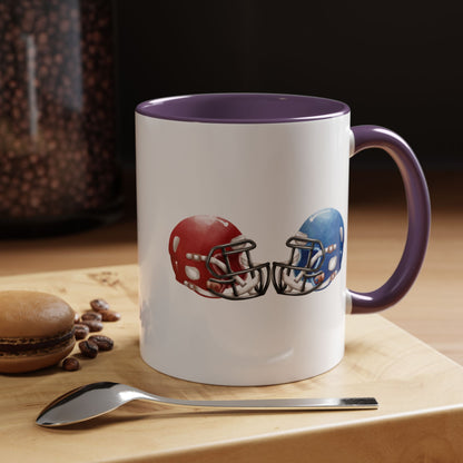 Football Helmet Coffee Mug — Red vs Blue Rivalry Accent Mug (11/15oz)
