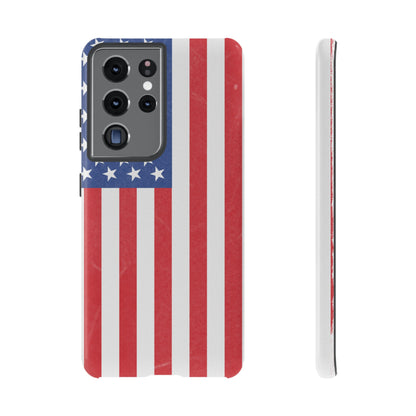 American flag tough phone case for iPhone and Samsung, patriotic protective cover with durable design by Printify.
