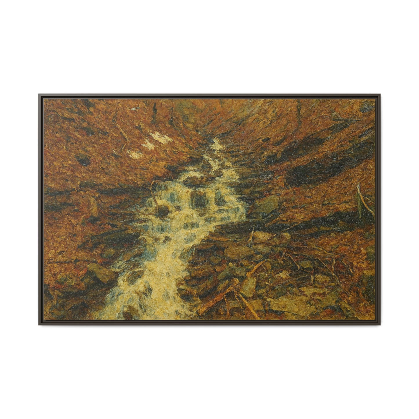 Framed matte canvas print of autumn stream landscape artwork by Printify, showcasing vibrant fall colors and serene nature scene.