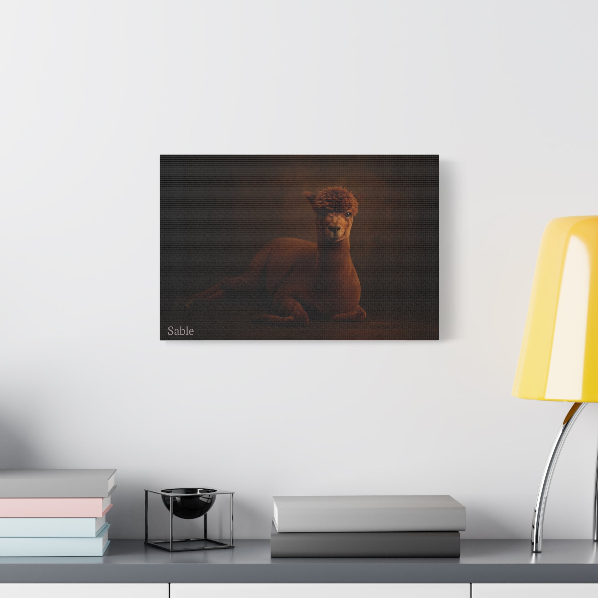 Alpaca portrait on matte canvas print by Printify, featuring detailed artwork of a cute alpaca's face on a smooth canvas surface.