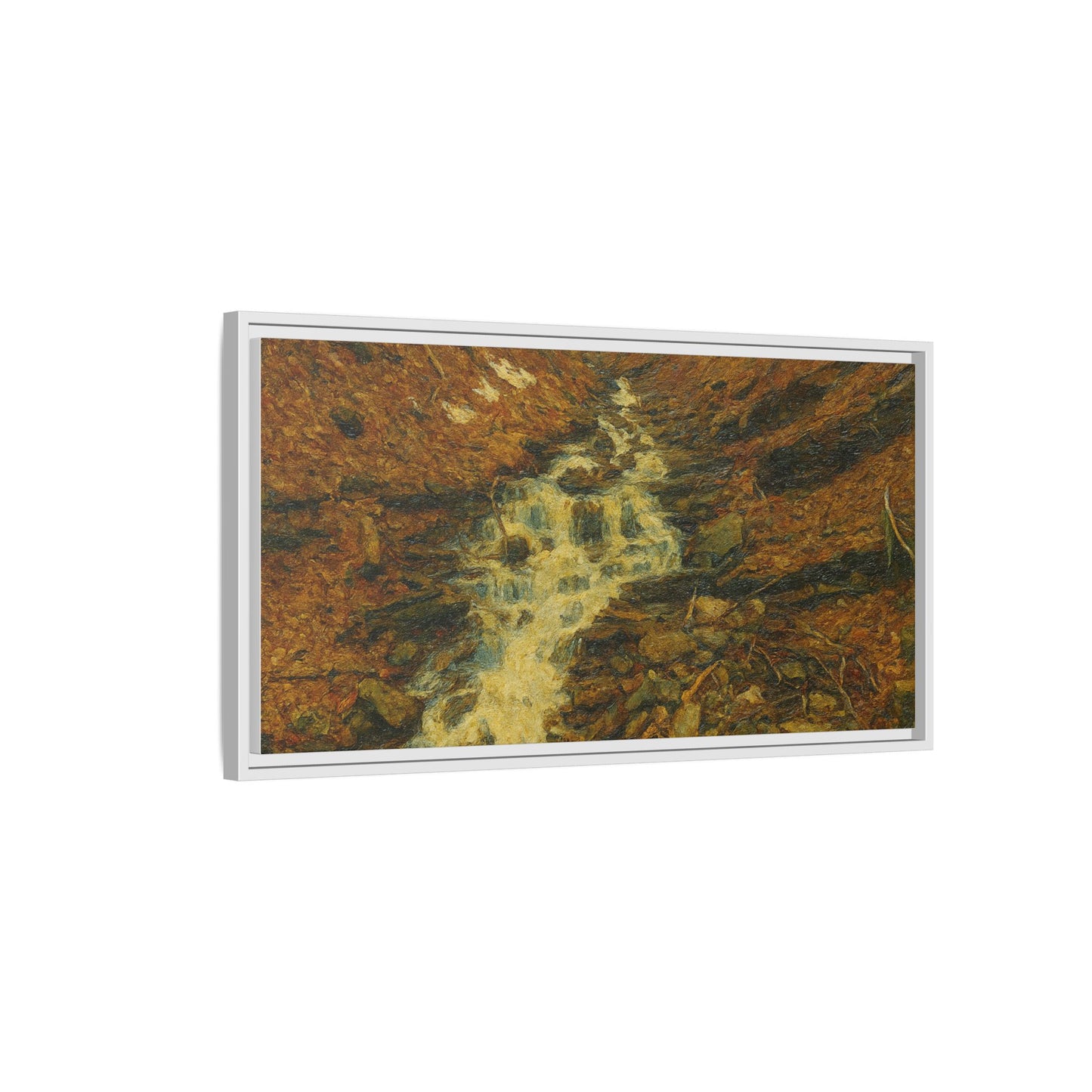 Framed matte canvas print of autumn stream landscape artwork by Printify, showcasing vibrant fall colors and serene nature scene.