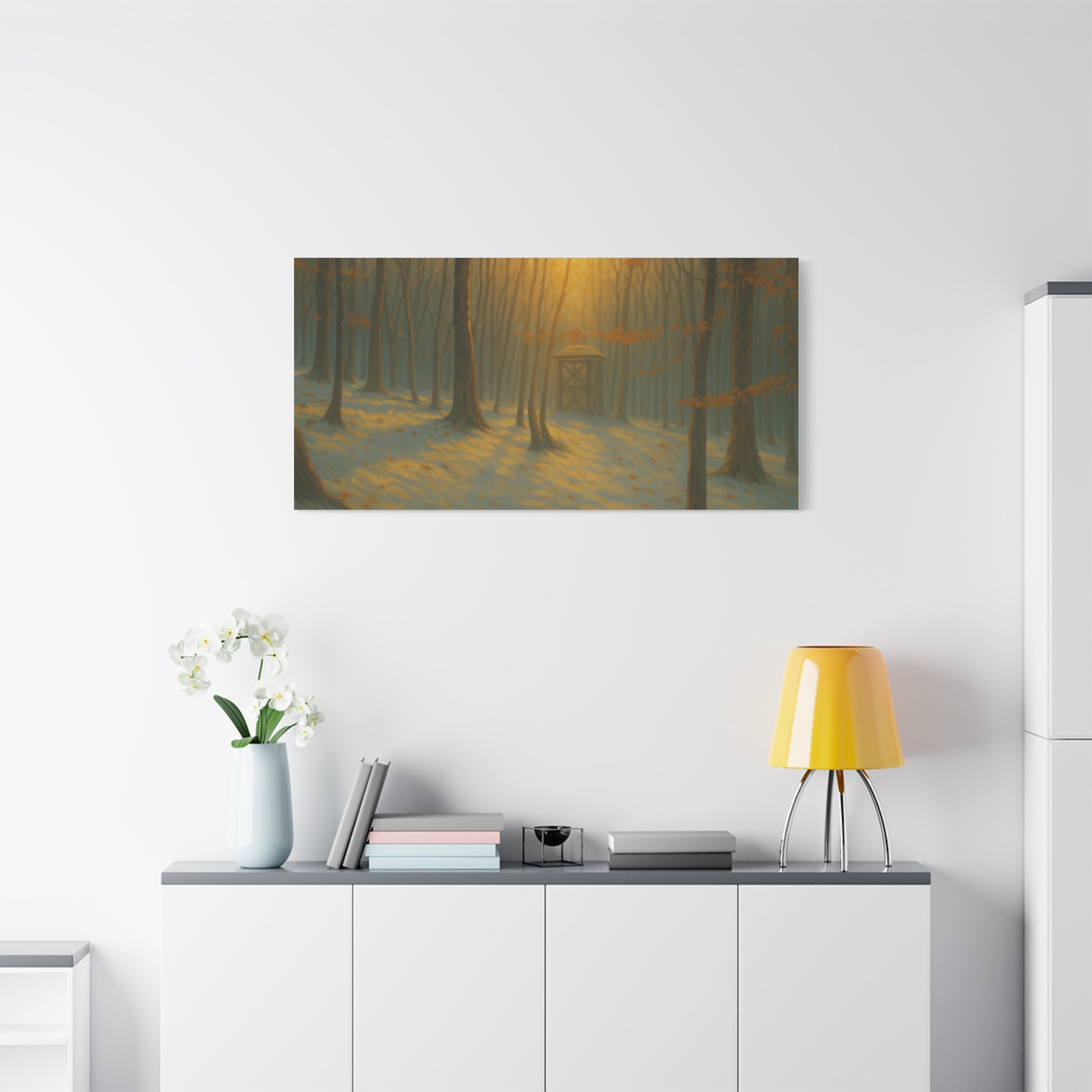 Matte stretched canvas featuring Misty Forest Sunrise art print by Printify, showcasing a serene forest scene at dawn.