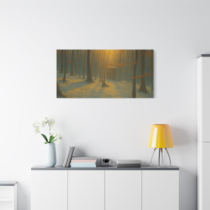 Matte stretched canvas featuring Misty Forest Sunrise art print by Printify, showcasing a serene forest scene at dawn.