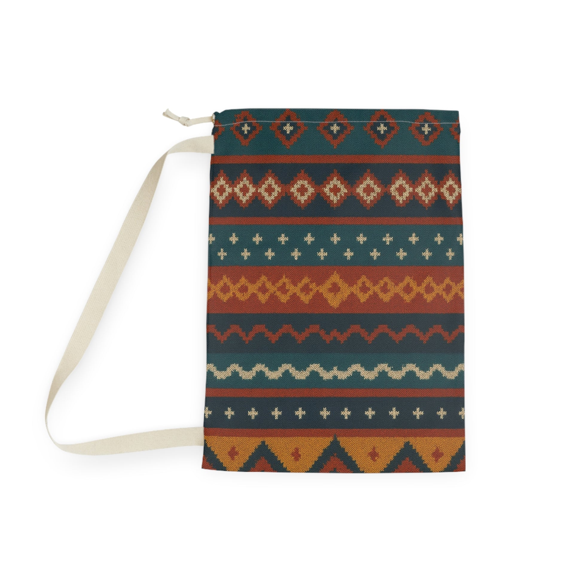 Southwestern Aztec patterned laundry bag with boho geometric design, drawstring closure, made by Printify.