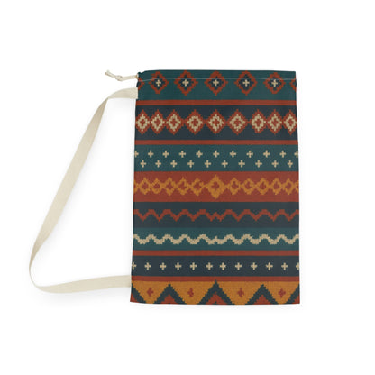 Southwestern Aztec patterned laundry bag with boho geometric design, drawstring closure, made by Printify.