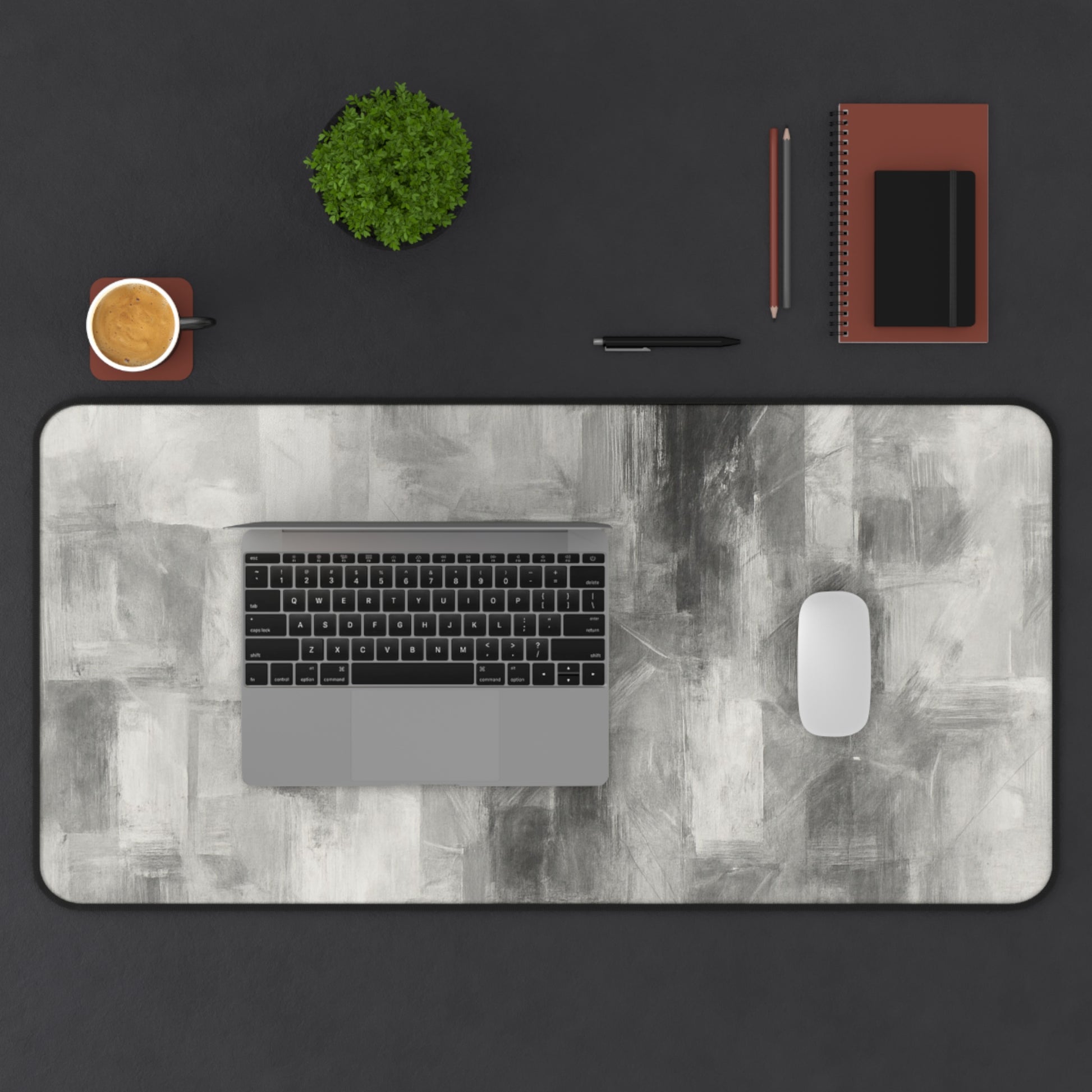 Abstract gray brushstroke desk mat by Printify, modern neutral desk pad with artistic brushstroke design on smooth surface.