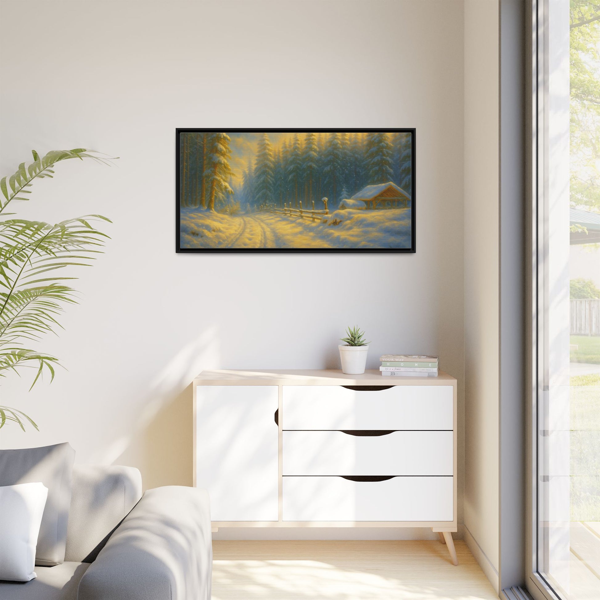Framed winter cabin canvas print featuring a snowy forest sunset, wall art by Printify showcasing cozy winter scenery.
