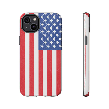 American flag tough phone case for iPhone, durable patriotic cover with bold red, white, and blue flag design.