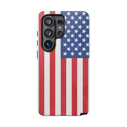 Durable American flag phone case for iPhone, featuring patriotic design and tough protective material from Printify.