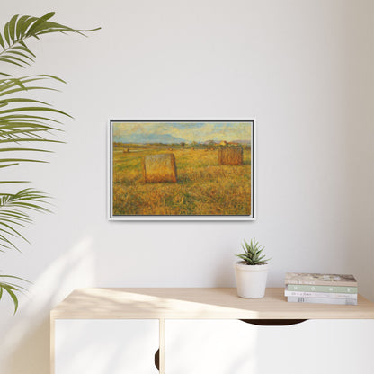 Framed matte canvas wall art featuring a rustic hayfield landscape print by Printify, showcasing natural countryside scenery.
