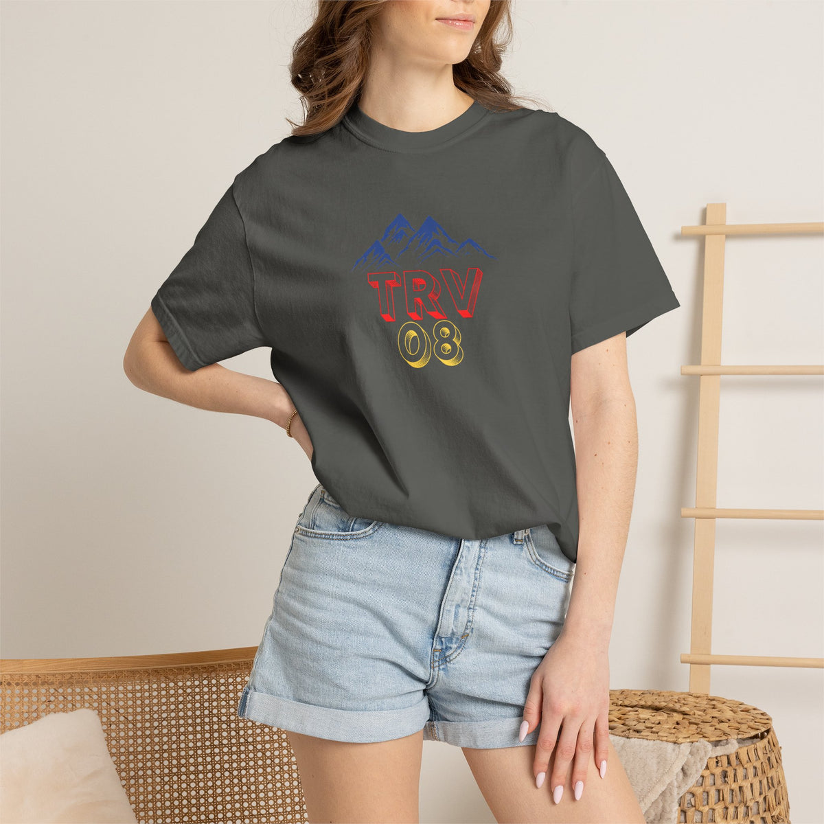 Unisex garment-dyed T-shirt with TRV08 logo in black, made by Printify, displayed flat on a white background.