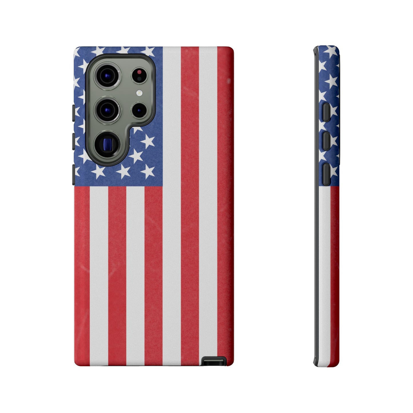 American flag tough phone case for iPhone and Samsung, patriotic protective cover with bold flag design by Printify