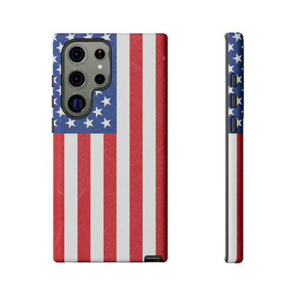 American flag tough phone case for iPhone and Samsung, patriotic protective cover with bold flag design by Printify