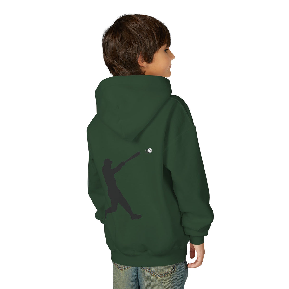 Kids youth baseball silhouette hoodie featuring a baseball player print, comfortable pullover for children by Printify.