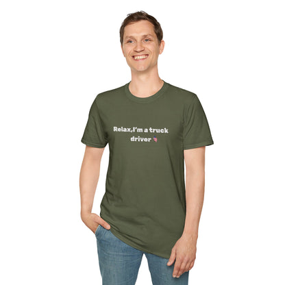 Pink heart graphic on a Relax, I'm a Truck Driver T-Shirt by Printify featuring humorous trucker slogan and casual fit.