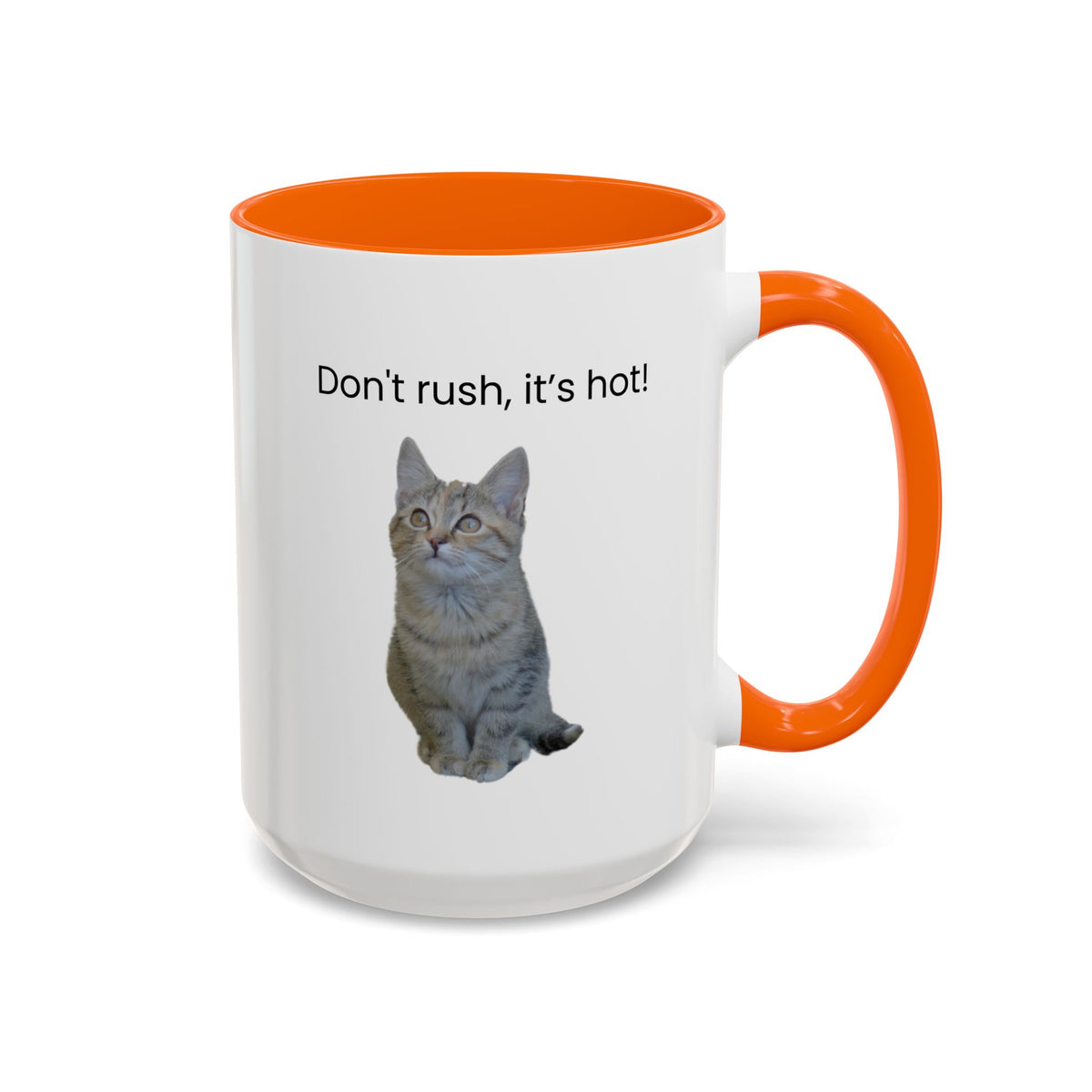 Ceramic cat coffee mug with "Don't rush, it's hot!" text, 11 oz, in white with a cat illustration, ideal for hot beverages.