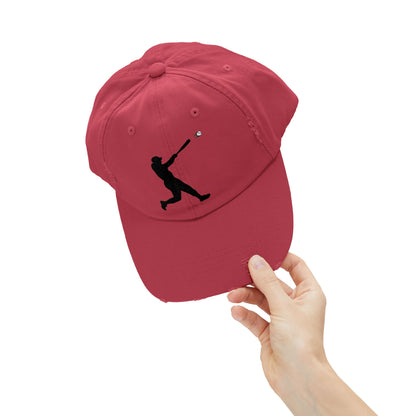 Distressed baseball cap featuring silhouette batter design, casual hat by Printify with worn, vintage look and adjustable strap.