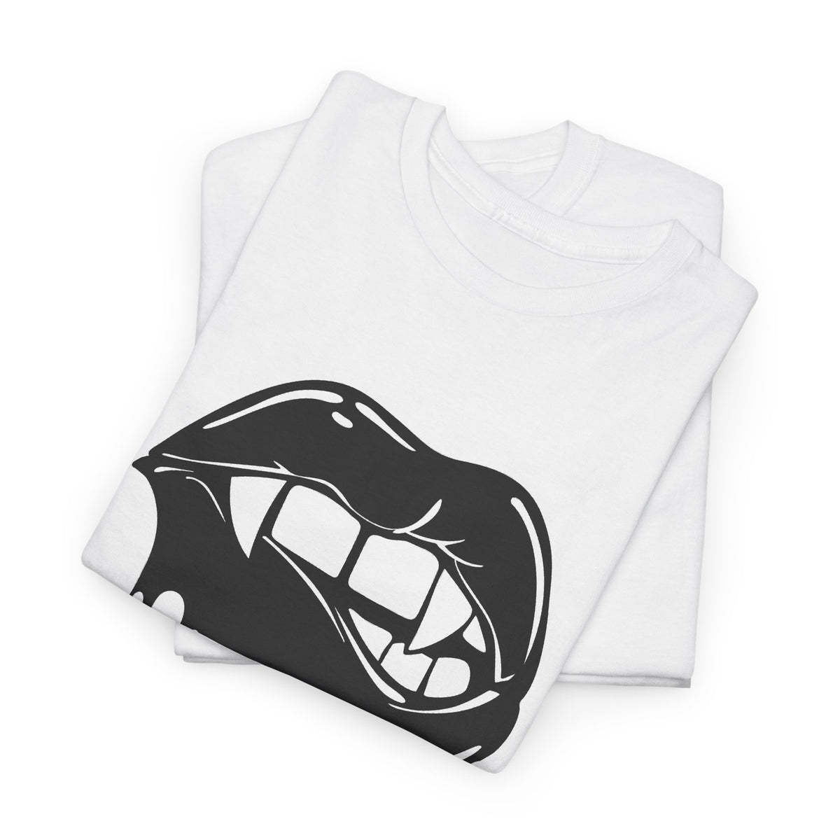 Graphic T-shirt by Printify featuring dripping lips with a 'hmm...' bite design on the front, casual and stylish wear.