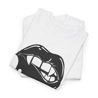 Graphic T-shirt by Printify featuring dripping lips with a 'hmm...' bite design on the front, casual and stylish wear.