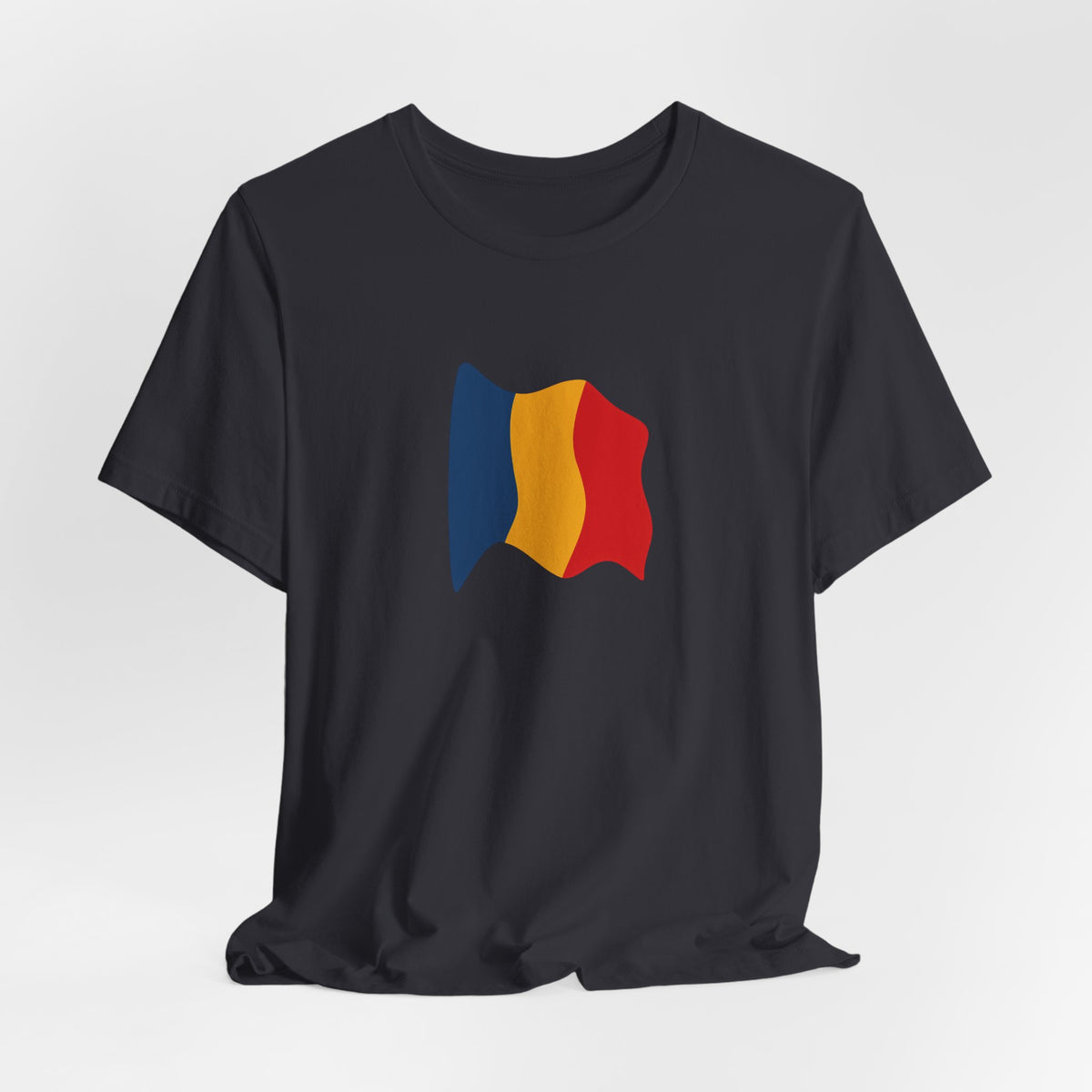 Romania flag T-shirt featuring a minimal waving tricolor design, casual unisex tee made by Printify.