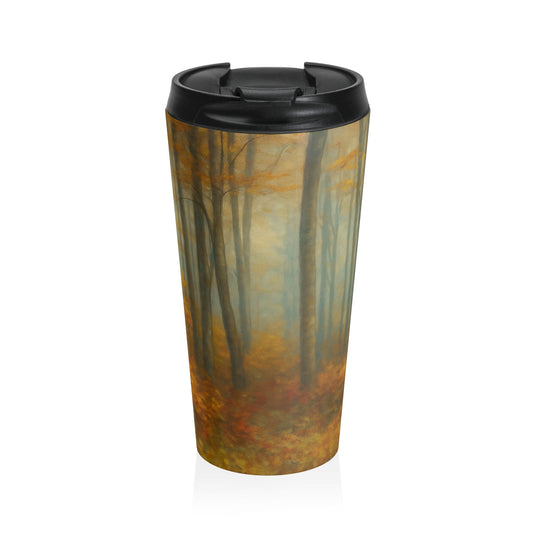 Stainless steel travel mug with autumn forest and fall trees landscape design by Printify, ideal for on-the-go hot drinks.