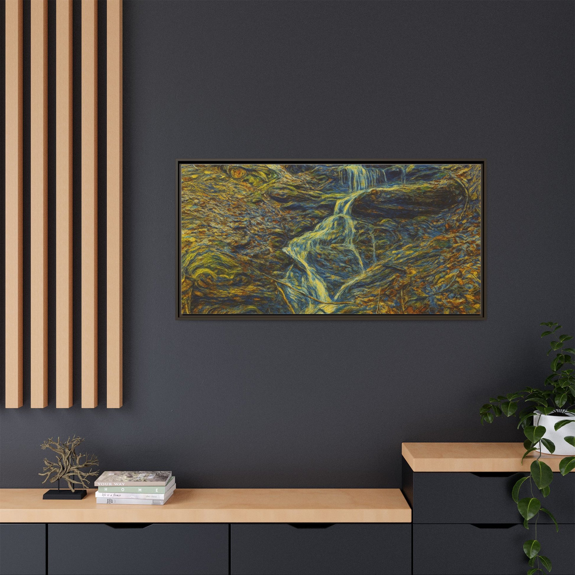 Framed matte canvas wall art featuring an autumn forest waterfall scene, showcasing vibrant fall colors and natural scenery.