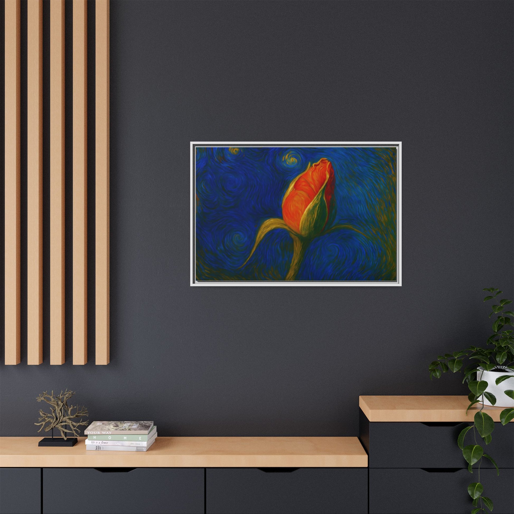 Red rose bud painting on canvas framed wall art by Printify, featuring a vibrant, natural floral design for home decor.