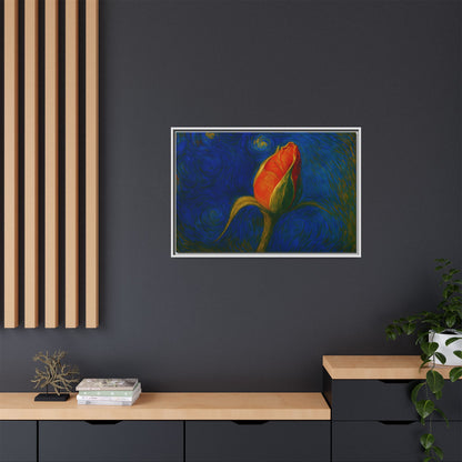 Red rose bud painting on canvas framed wall art by Printify, featuring a vibrant, natural floral design for home decor.