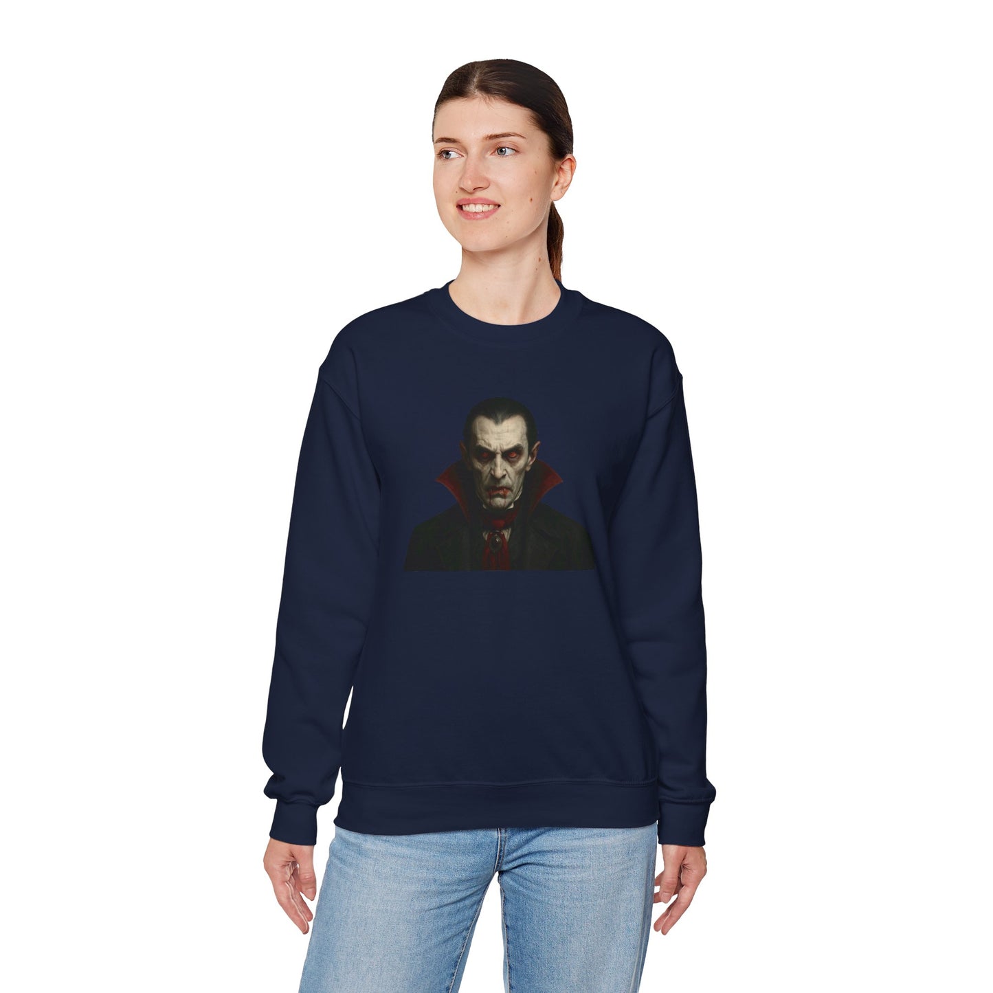 Black crewneck sweatshirt with a detailed vampire portrait print, made by Printify, designed for casual, stylish wear.
