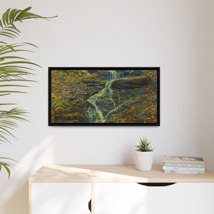 Framed matte canvas wall art featuring a scenic autumn forest with a waterfall, by Printify.