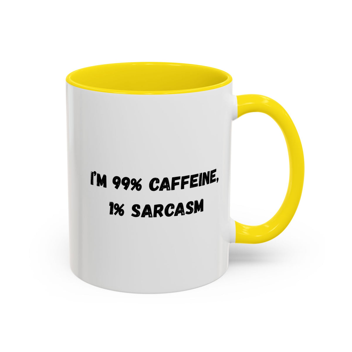 Ceramic coffee mug with the quote "I'm 99% Caffeine, 1% Sarcasm" in black text on a white background, Printify brand.