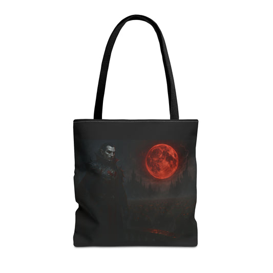 Gothic Dracula tote bag featuring moonlit vampire art, perfect for Halloween, made by Printify.