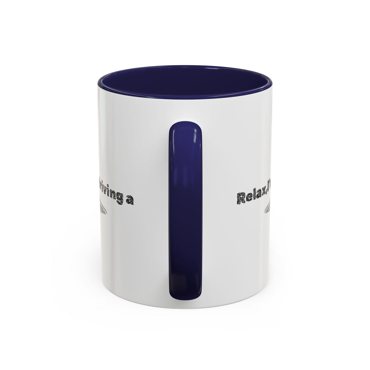 Ceramic coffee mug with "Relax, I’m Driving" UFO accent design, available in 11 oz or 15 oz sizes, by Printify.