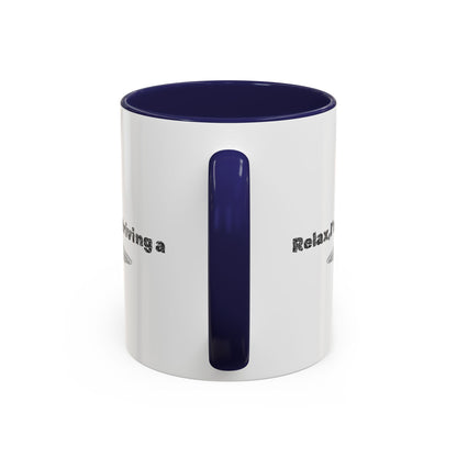 Ceramic coffee mug with "Relax, I’m Driving" UFO accent design, available in 11 oz or 15 oz sizes, by Printify.